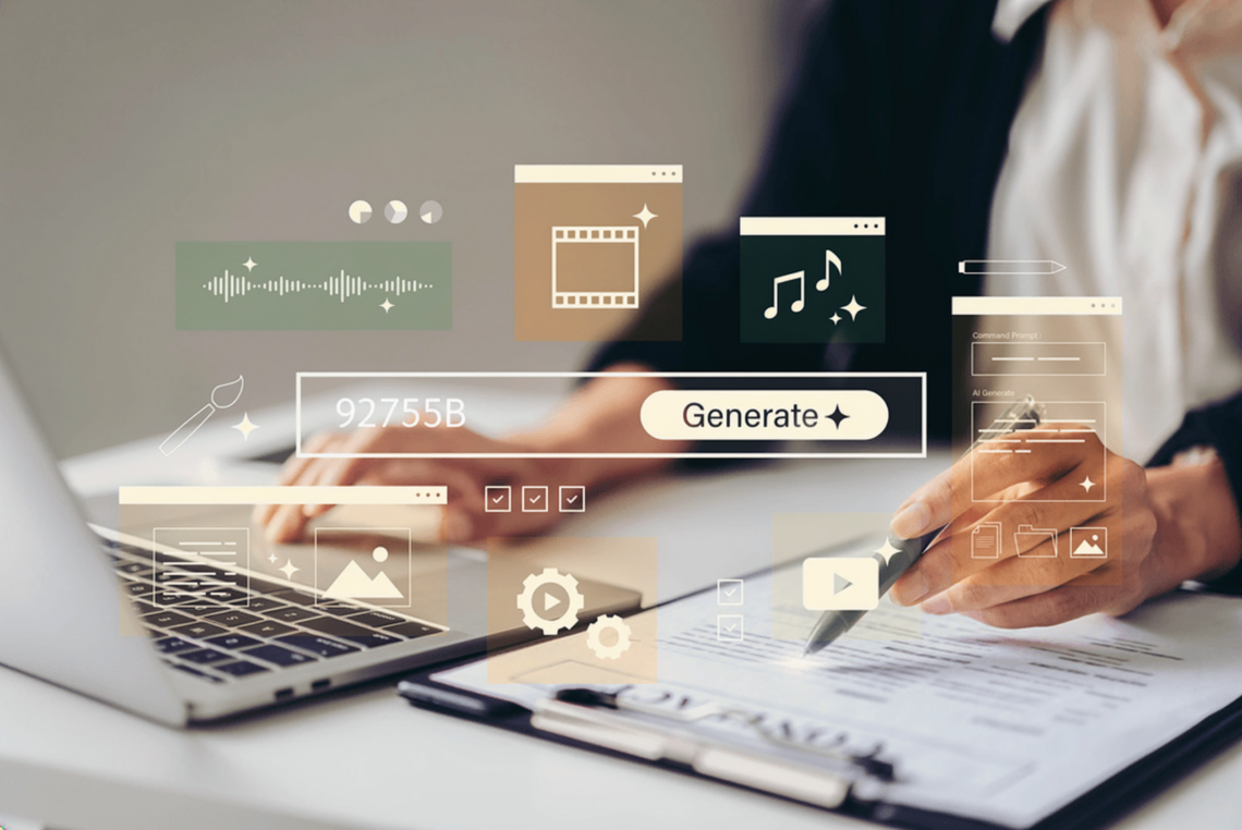 Business woman working with AI prompt generation interface on laptop and tablet, creating digital content with generative technology icons representing artificial intelligence, automation, workflow