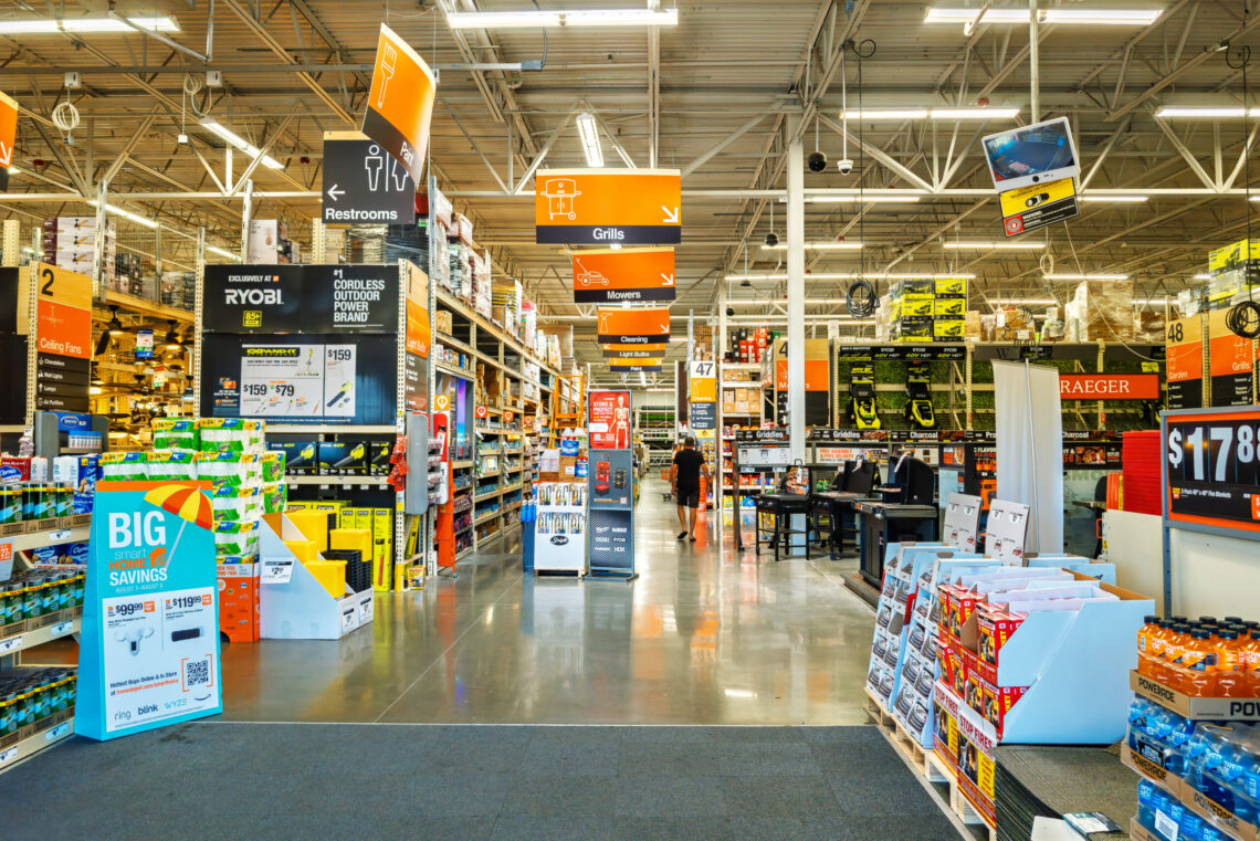 Front entry view of the interior of a Home Depot Store, the largest home improvement retailer in the United States, in Liberty Lake, Washington, August 9 2025.